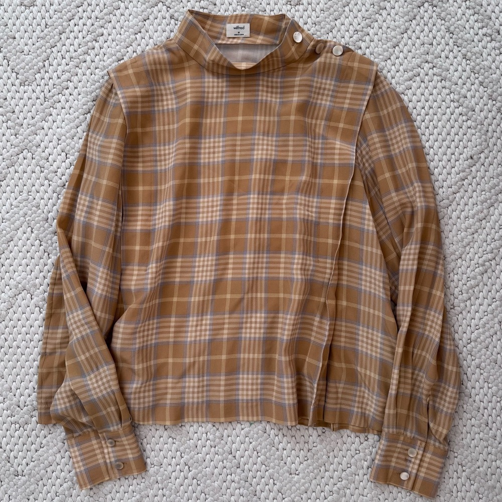 Aritzia Wilfred Silk Beige Plaid Mock Neck Blouse Top